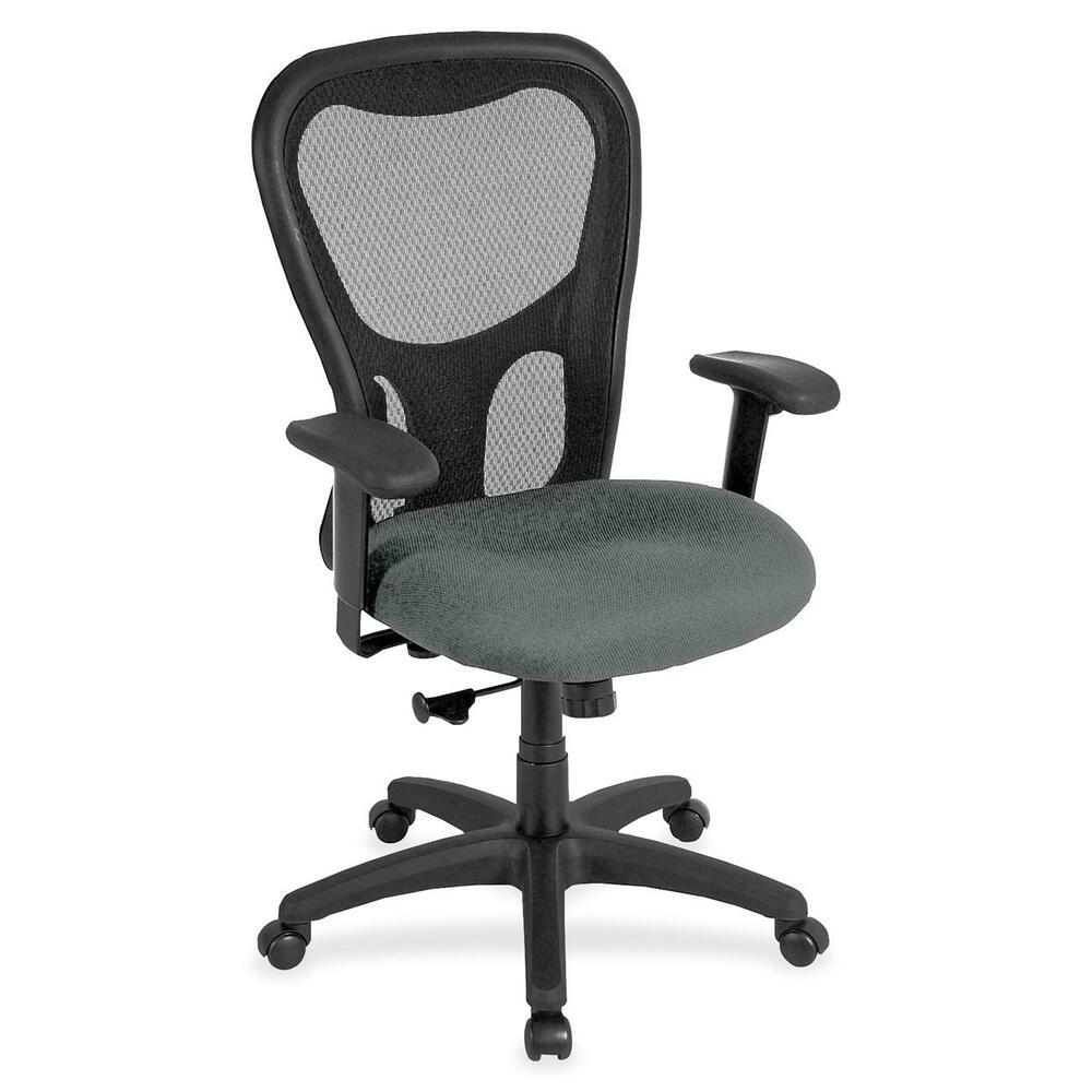 EUTMM950032 - Apollo Synchro High Back Chair combines comfort, adjustability and quality for seating well-suited for long hours at the office. Breathable, black mesh back conforms to your back for the right amount of support. Fabric-upholstered, cushioned seat is comfortably contoured. Padded waterfall seat with sloping front reduces pressure on the back of the knees. Tilt-tension control recline rate adapts to weight of user. Tilt lock locks out tilt function. Synchro-tilt back reclines in a preset ratio to seat. Seat-height adjustment sets seat height from 18.9" to 22.4" for your preferred position relative to floor. Width-adjustable arms adjust arms in or out for proper ergonomic positioning. Arm-height adjustment adjusts arm up or down for proper ergonomic positioning while seated. Chair also features casters on the black nylon, five-star base for easy mobility. Chair is Greenguard certified to have low chemical emissions.