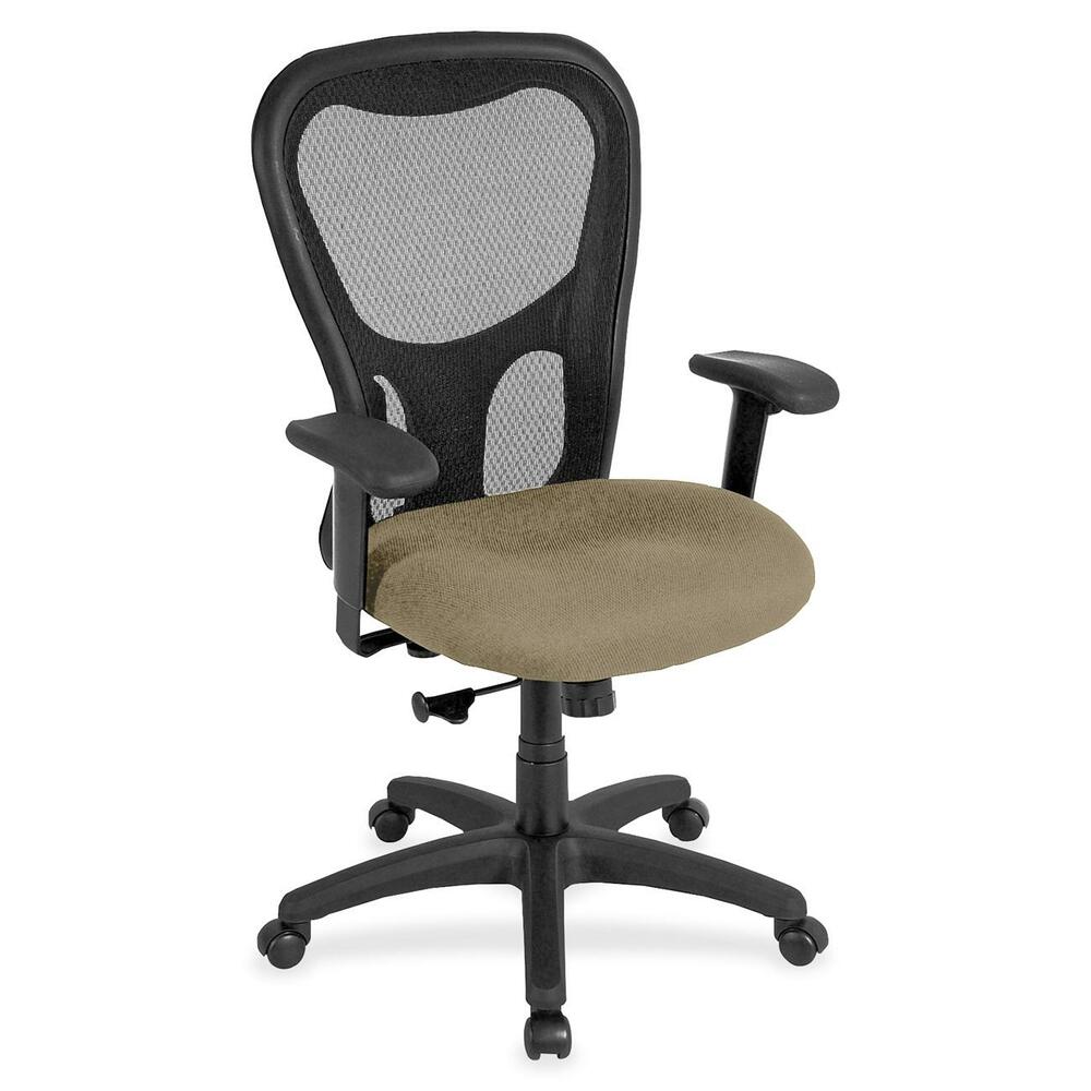 EUTMM950033 - Apollo Synchro High Back Chair combines comfort, adjustability and quality for seating well-suited for long hours at the office. Breathable, black mesh back conforms to your back for the right amount of support. Fabric-upholstered, cushioned seat is comfortably contoured. Padded waterfall seat with sloping front reduces pressure on the back of the knees. Tilt-tension control recline rate adapts to weight of user. Tilt lock locks out tilt function. Synchro-tilt back reclines in a preset ratio to seat. Seat-height adjustment sets seat height from 18.9" to 22.4" for your preferred position relative to floor. Width-adjustable arms adjust arms in or out for proper ergonomic positioning. Arm-height adjustment adjusts arm up or down for proper ergonomic positioning while seated. Chair also features casters on the black nylon, five-star base for easy mobility. Chair is Greenguard certified to have low chemical emissions.