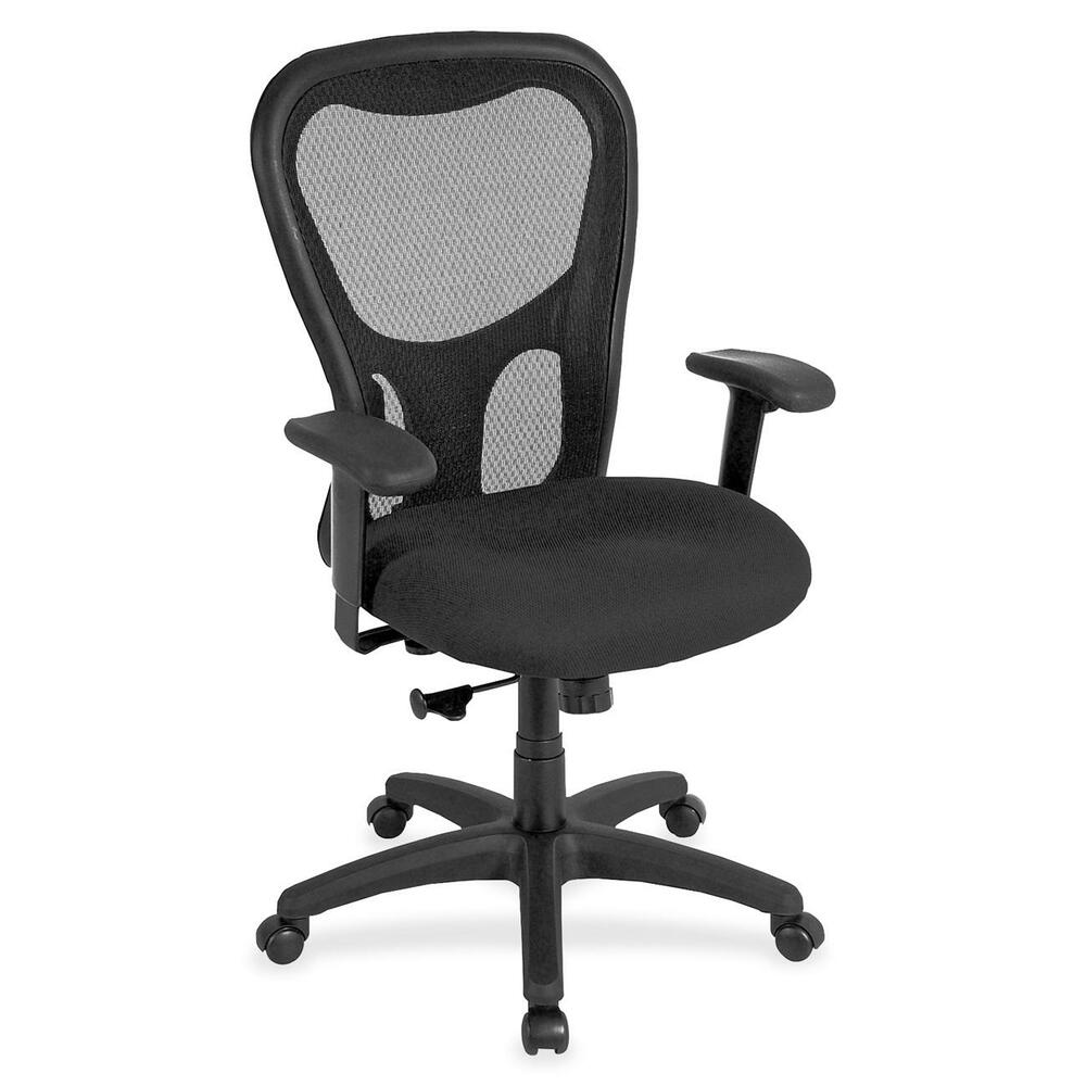 EUTMM950035 - Apollo Synchro High Back Chair combines comfort, adjustability and quality for seating well-suited for long hours at the office. Breathable, black mesh back conforms to your back for the right amount of support. Fabric-upholstered, cushioned seat is comfortably contoured. Padded waterfall seat with sloping front reduces pressure on the back of the knees. Tilt-tension control recline rate adapts to weight of user. Tilt lock locks out tilt function. Synchro-tilt back reclines in a preset ratio to seat. Seat-height adjustment sets seat height from 18.9" to 22.4" for your preferred position relative to floor. Width-adjustable arms adjust arms in or out for proper ergonomic positioning. Arm-height adjustment adjusts arm up or down for proper ergonomic positioning while seated. Chair also features casters on the black nylon, five-star base for easy mobility. Chair is Greenguard certified to have low chemical emissions.
