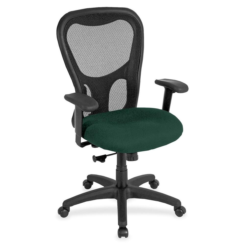 EUTMM950050 - Apollo Synchro High Back Chair combines comfort, adjustability and quality for seating well-suited for long hours at the office. Breathable, black mesh back conforms to your back for the right amount of support. Fabric-upholstered, cushioned seat is comfortably contoured. Padded waterfall seat with sloping front reduces pressure on the back of the knees. Tilt-tension control recline rate adapts to weight of user. Tilt lock locks out tilt function. Synchro-tilt back reclines in a preset ratio to seat. Seat-height adjustment sets seat height from 18.9" to 22.4" for your preferred position relative to floor. Width-adjustable arms adjust arms in or out for proper ergonomic positioning. Arm-height adjustment adjusts arm up or down for proper ergonomic positioning while seated. Chair also features casters on the black nylon, five-star base for easy mobility. Chair is Greenguard certified to have low chemical emissions.