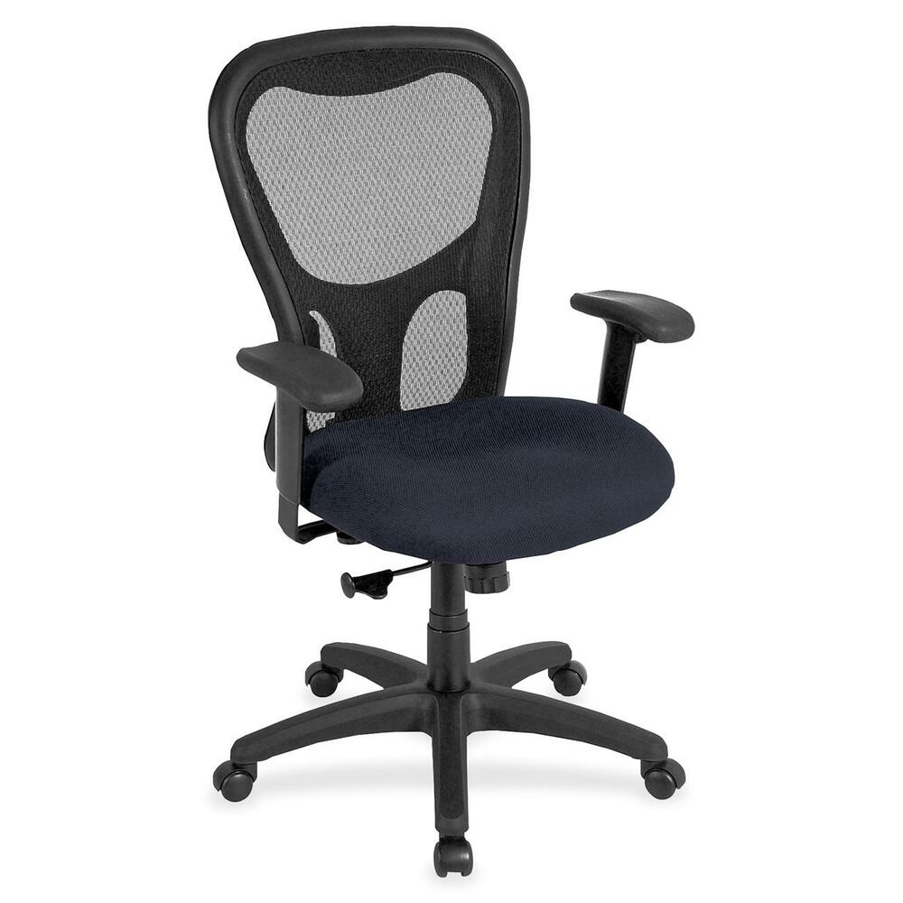 EUTMM950066 - Apollo Synchro High Back Chair combines comfort, adjustability and quality for seating well-suited for long hours at the office. Breathable, black mesh back conforms to your back for the right amount of support. Fabric-upholstered, cushioned seat is comfortably contoured. Padded waterfall seat with sloping front reduces pressure on the back of the knees. Tilt-tension control recline rate adapts to weight of user. Tilt lock locks out tilt function. Synchro-tilt back reclines in a preset ratio to seat. Seat-height adjustment sets seat height from 18.9" to 22.4" for your preferred position relative to floor. Width-adjustable arms adjust arms in or out for proper ergonomic positioning. Arm-height adjustment adjusts arm up or down for proper ergonomic positioning while seated. Chair also features casters on the black nylon, five-star base for easy mobility. Chair is Greenguard certified to have low chemical emissions.