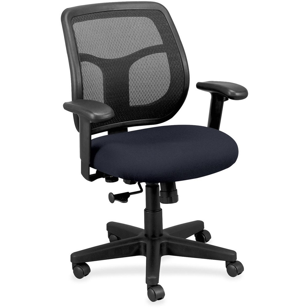 EUTMT940066 - Apollo Mid Back Task Chair combines value, comfort, adjustability and quality to create a perennial favorite. Breathable, mesh back provides increased airflow and maximum comfort for all-day sitting. Ratchet back adjusts up or down relative to the seat for personalized lumbar support and comfort. Tilt-tension control features a recline rate that adapts to your weight. Lockout tilt function prevents tilting. Synchro-tilt mechanism lets the back recline in a preset ratio to the seat for relaxed positioning. Fabric-upholstered, padded, waterfall seat with sloping front reduces pressure on back of knees. Width-adjustable and height-adjustable arms move in or out and up or down for proper ergonomic positioning. Seat-height adjustment sets seat height to your desired position relative to the floor. Chair is Greenguard certified to have low chemical emissions.