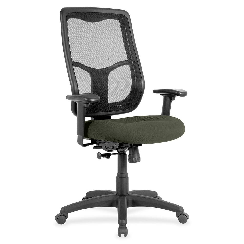 EUTMTHB9467 - Apollo High Back Chair with Ratchet Back combines value, comfort, adjustability and quality to give you a comfortable seating option with a breathable, mesh back. Tilt tension control with tilt lock allows you to adjust the recline rate based on your weight. Synchro-tilt allows the back to recline in a preset ratio to the seat. Seat-height adjustment allows you to set the height to the desired position relative to the floor. Dillon vinyl-upholstered, waterfall seat slopes to reduce pressure on the back of your knees for extra comfort through prolonged periods. Arms are both width-adjustable and height-adjustable for proper ergonomic positioning. 2.8" ratchet-back, height adjustment allows the backrest to easily adjust up or down relative to the seat for personalized lumbar region support and comfort. Chair is Greenguard certified to have low chemical emissions.
