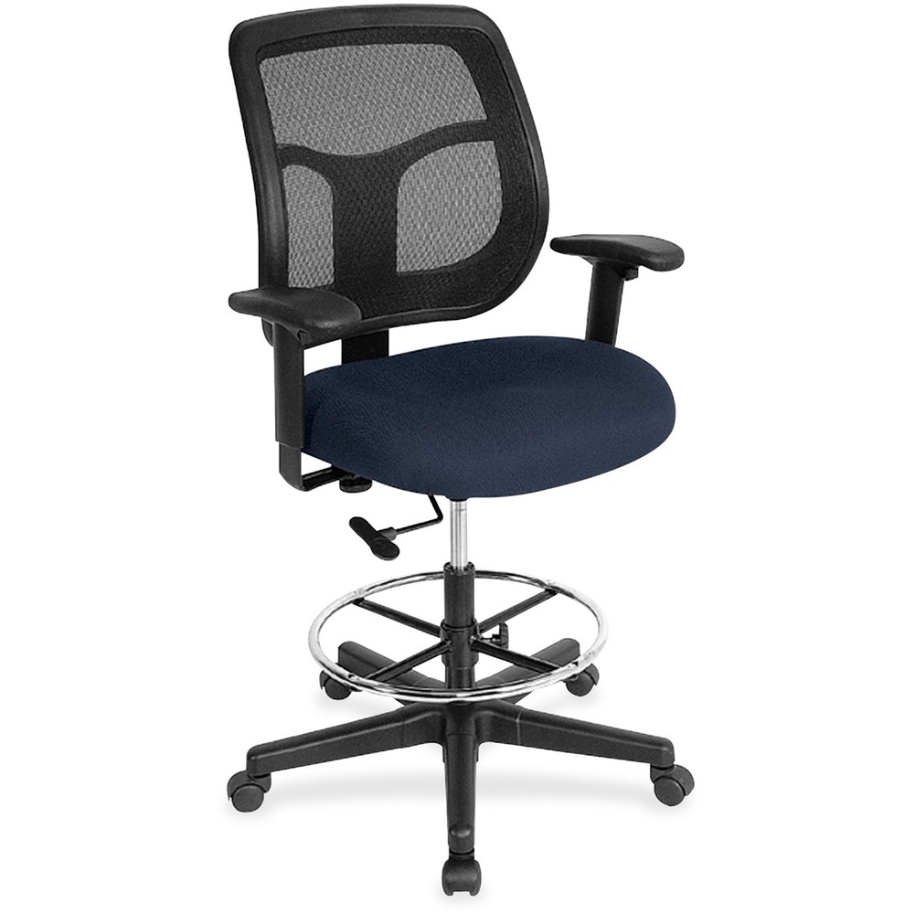 EUTDFT9843 - Apollo Drafting Stool combines value, comfort, adjustability and quality to create a perennial favorite. Breathable, mesh back provides increased airflow and maximum comfort for all-day sitting. Padded waterfall seat with sloping front reduces pressure on back and knees. Fabric seat creates a soft, comfortable sitting experience. Adjust arms in or out and up or down for proper ergonomic positioning. Backrest adjusts up or down relative to the seat for personalized lumbar support. Set seat height to your desired position relative to the floor. Stool includes casters and glides for easy mobility. Chair is Greenguard certified to have low chemical emissions.