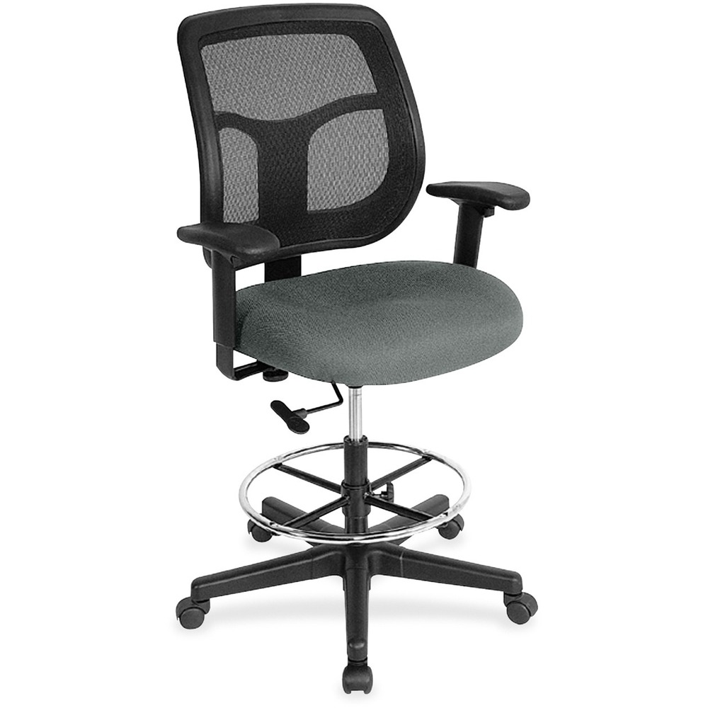 EUTDFT9832 - Apollo Drafting Stool combines value, comfort, adjustability and quality to create a perennial favorite. Breathable, mesh back provides increased airflow and maximum comfort for all-day sitting. Padded waterfall seat with sloping front reduces pressure on back and knees. Fabric seat creates a soft, comfortable sitting experience. Adjust arms in or out and up or down for proper ergonomic positioning. Backrest adjusts up or down relative to the seat for personalized lumbar support. Set seat height to your desired position relative to the floor. Stool includes casters and glides for easy mobility. Chair is Greenguard certified to have low chemical emissions.