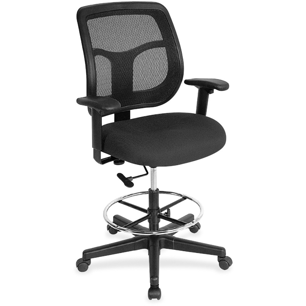 EUTDFT9835 - Apollo Drafting Stool combines value, comfort, adjustability and quality to create a perennial favorite. Breathable, mesh back provides increased airflow and maximum comfort for all-day sitting. Padded waterfall seat with sloping front reduces pressure on back and knees. Fabric seat creates a soft, comfortable sitting experience. Adjust arms in or out and up or down for proper ergonomic positioning. Backrest adjusts up or down relative to the seat for personalized lumbar support. Set seat height to your desired position relative to the floor. Stool includes casters and glides for easy mobility. Chair is Greenguard certified to have low chemical emissions.