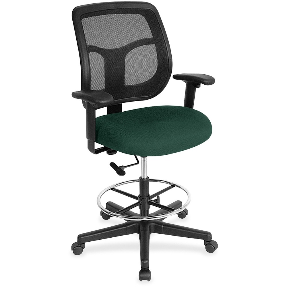EUTDFT9850 - Apollo Drafting Stool combines value, comfort, adjustability and quality to create a perennial favorite. Breathable, mesh back provides increased airflow and maximum comfort for all-day sitting. Padded waterfall seat with sloping front reduces pressure on back and knees. Fabric seat creates a soft, comfortable sitting experience. Adjust arms in or out and up or down for proper ergonomic positioning. Backrest adjusts up or down relative to the seat for personalized lumbar support. Set seat height to your desired position relative to the floor. Stool includes casters and glides for easy mobility. Chair is Greenguard certified to have low chemical emissions.