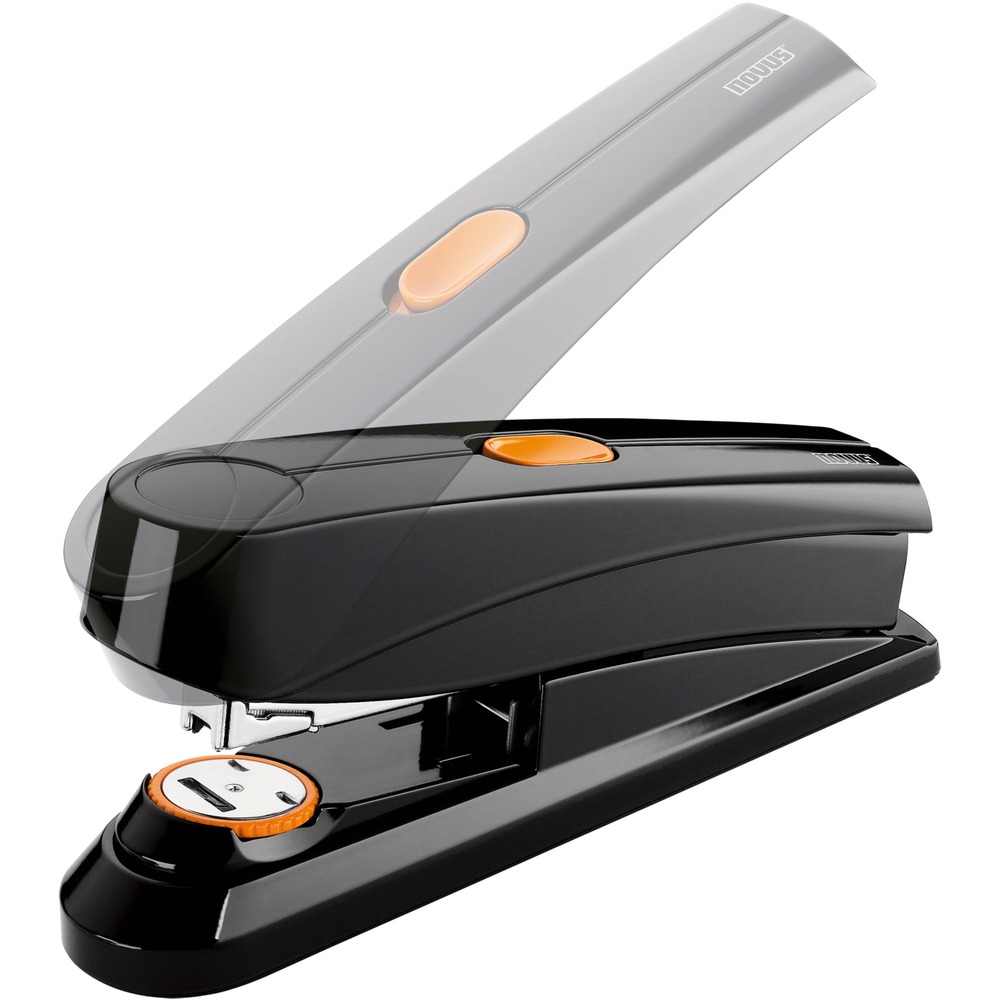 DAH0201673 - High-performance stapler improves efficiency at work whether you need to staple a few sheets of paper or a large stack. Handle extension reduces the effort needed to staple by 70 percent to easily staple up to 50 sheets of paper. Dual-staple guide provides even pressure for uniform clinches. Versatile stapler is capable of producing a flat clinch or temporary pin. Automatic bypass system provides the convenience of using one size staple for all your projects. Flattening of the clinch bends and presses the staple legs to provide 30 percent more file storage. Temporary pin mode allows easy removal of the staple from a document without any other device. Each mode is easily attained by rotating the circular anvil at the base of the stapler.