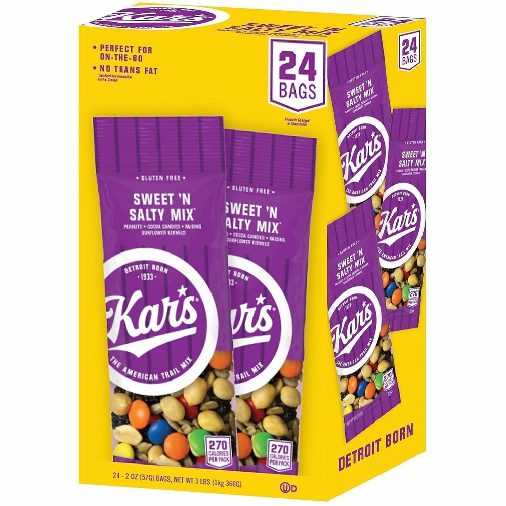 KARSN08387 - Sweet 'N Salty Mix is a healthy snack for the office or on the go. 2 oz. packs of trail mix also offer a single-serve snack for the breakroom. Mix contains chocolate candies, peanuts, raisins and sunflower kernels.