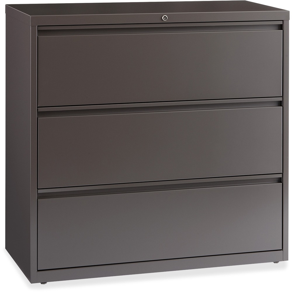 LLR60476 - 42" wide lateral file features three versatile drawers with hanging file rails for side-to-side filing of letter-size, legal-size or A4-size. Each drawer has a magnetic label holder for easy identification where you need it. Design also features a core-removable lock for security; dual locking bars; full-width pull; ball-bearing slide suspension for smooth opening and closing; reinforced base; and four adjustable leveling guides for stabilization. Interlock system prohibits the extension of more than one drawer at a time for your safety. Counterweight prevents tipping. Lateral file meets or exceeds applicable ANSI/BIFMA standards. More from the Manufacturer