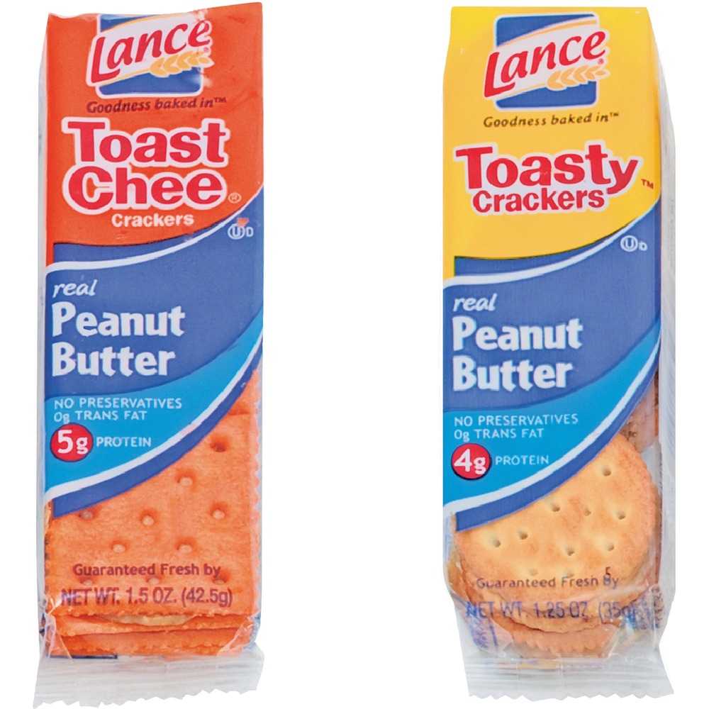 LNE40625 - Variety pack includes crispy crackers with creamy filling. Individual serving-size packs make great on-the-go snacks and are ideal for breakrooms. Kosher variety snack pack includes Toast Chee with peanut butter and Toasty Peanut Butter Crackers. Assortment may vary based on availability.