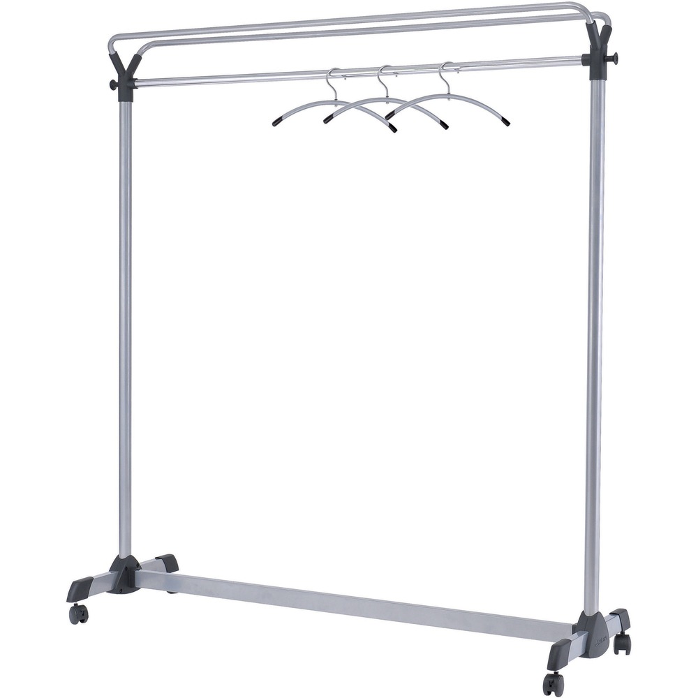 ABAPMGROUP3 - Sturdy double-sided garment rack holds 50 coat hangers (sold separately) on its 55-3/8" long hanging bar. Open design allows hanging from either side. Upper shelf is designed for luggage and hand purses. Plastic hooks on either end allow hanging of accessories. Rack has a silver powder-coat finish and four roller casters (with two that lock) for easy mobility.