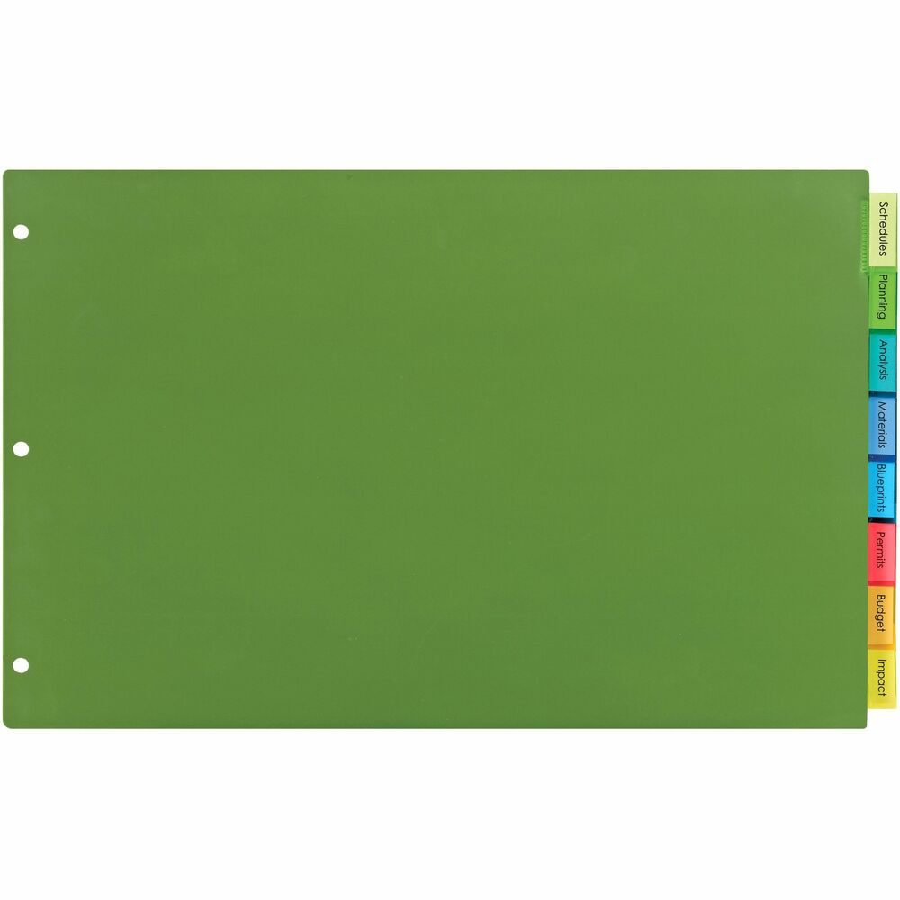AVE11179 - Durable plastic dividers are ideal for frequently referenced, tabloid-size documents that need organizing with tabs in assorted colors. Each set includes eight dividers with insertable tabs in assorted positions for easy referencing. Tab inserts won't fall out. Special tab design secures inserts, making it easy to insert and remove tab titles. Print the inserts using an inkjet or laser printer. Big tabs and inserts provide 50 percent more printing space for tab titles than traditional, insertable tab dividers. Dividers are three-hole punched for use in binders. Free, easy-to-use templates for Microsoft Word and other popular software programs are available online. More from the Manufacturer
