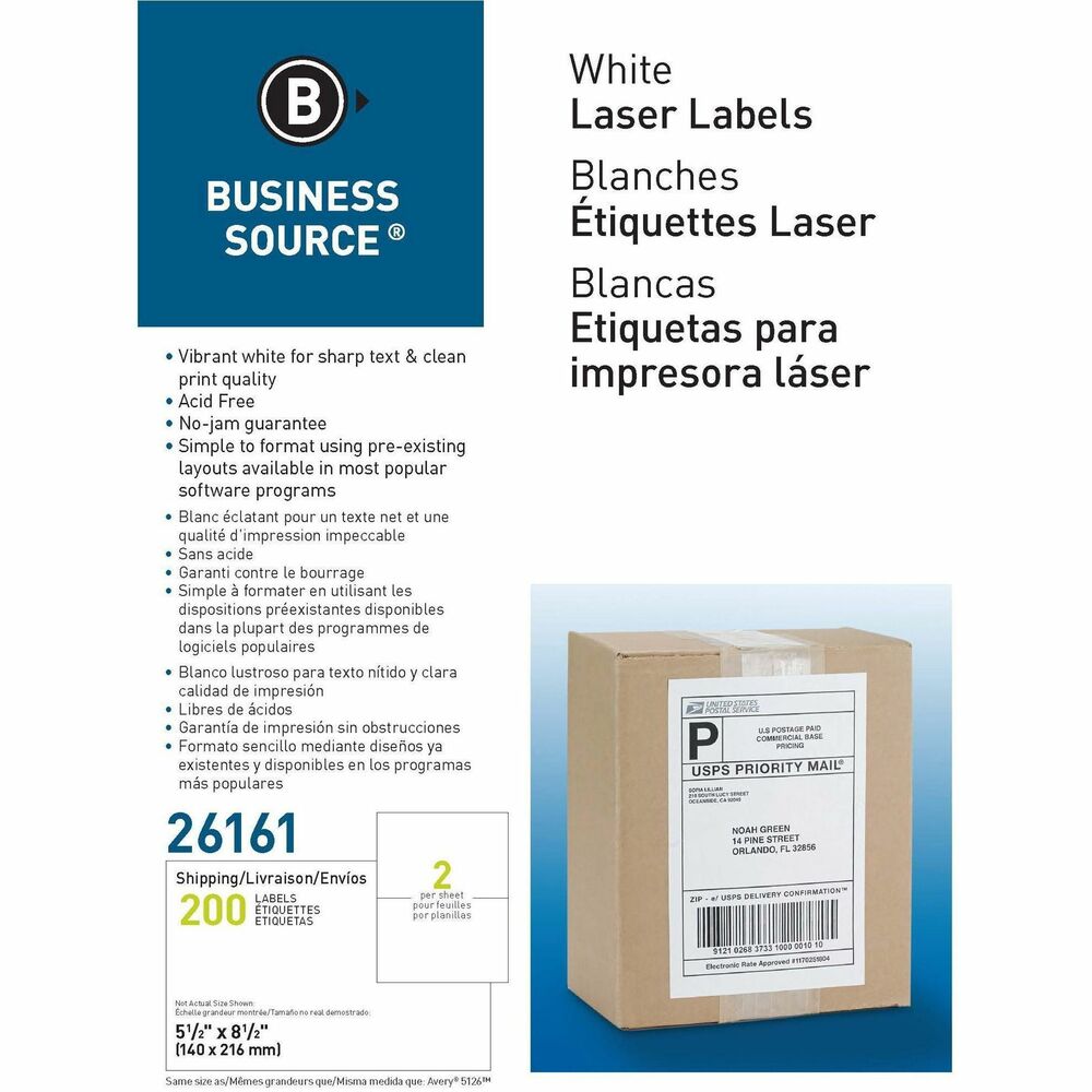 BSN26161 - Bright-white labels are designed for premium print quality using your laser or inkjet printer. The 5-1/2" x 8-1/2" labels are perfect for Internet shipping. Acid-free, archival-safe, lignin-free design features permanent adhesive to secure easily to your packages.