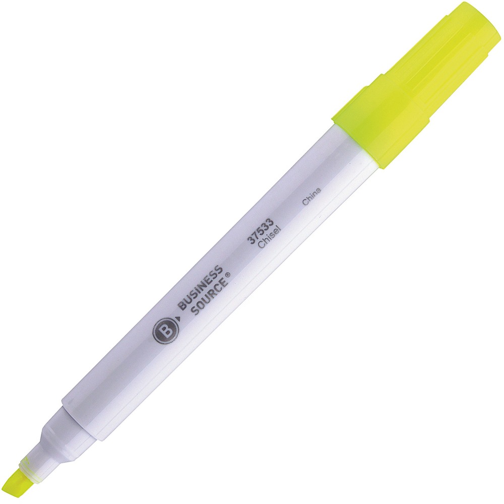 BSN37533 - These white barrel chisel tip highlighters apply yellow ink smoothly and evenly. Their transparent liquid ink stays bright and resists fading. Yellow highlighting lets you read words printed in dark color ink better than highlighting in other colors.