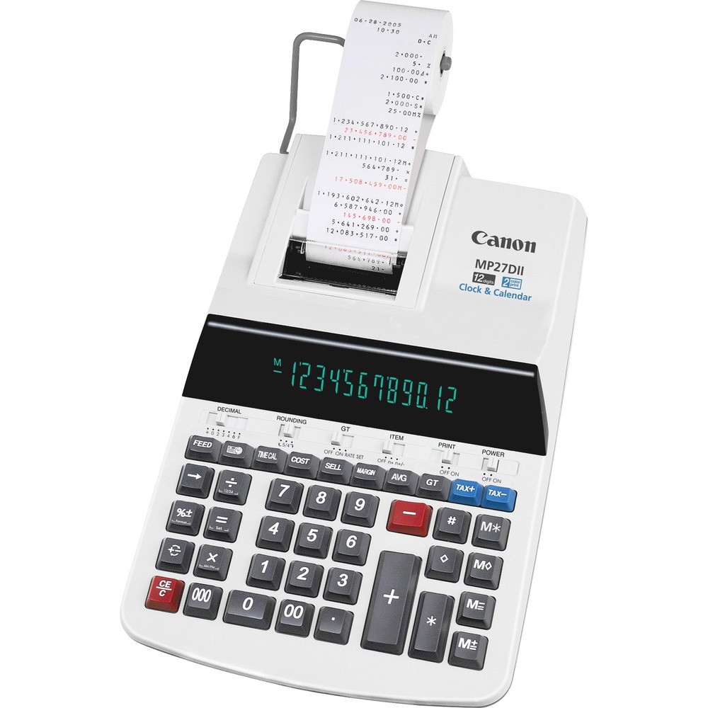 Canon MP27DII Print Calculator - Dual Color Print - Dot Matrix - 4.8 lps - Heavy Duty, Extra Large Display, Auto Power Off, Clock, Calendar, Sign Change, Item Count - 12 Digits - Fluorescent - AC Supply Powered - 3" Height x 8.9" Width x 13" Depth - Beige