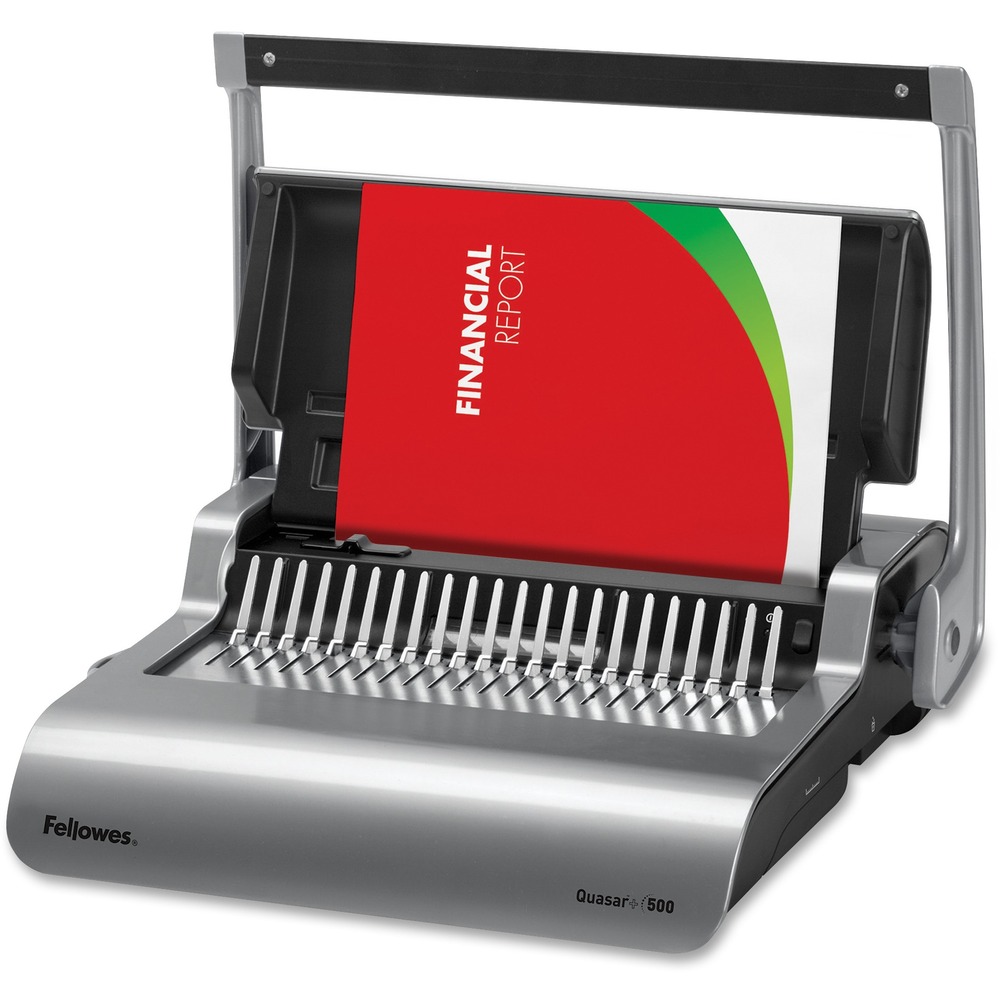 FEL5227201 - Designed for the binding needs of medium to large offices, this manual comb binding machine offers the ideal blend of performance and style. This machine manually punches up to 25 sheets at a time and binds up to 500 sheets with a 2" comb. Vertical document-loading ensures accurate punch alignment. Adjustable edge guide centers documents with ease. Efficient design allows you to punch and bind in a continuous manner. Quasar Plus Manual Comb Binding Machine also features a built-in comb storage tray with document measurement device for added convenience and quick setup. Machine also includes a binding starter pack. More from the Manufacturer