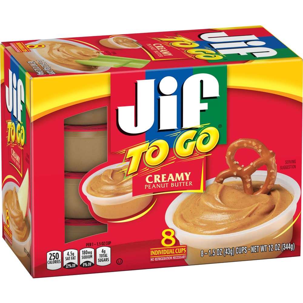 SMU24136 - These Jif To Go Creamiy Peanut Butter Cups are the perfect convenient size for on-the-go. The 36 count individual 1-1/2 oz. portable, disposable, easy to use, portion control, high protein cups are great for dipping your favorite snacking items for a quick pick-me-up. With only four grams of sugar per cup, they are easy to pack in lunch boxes for home, work or daycare. These better way to snack on the go treats require no refrigeration.