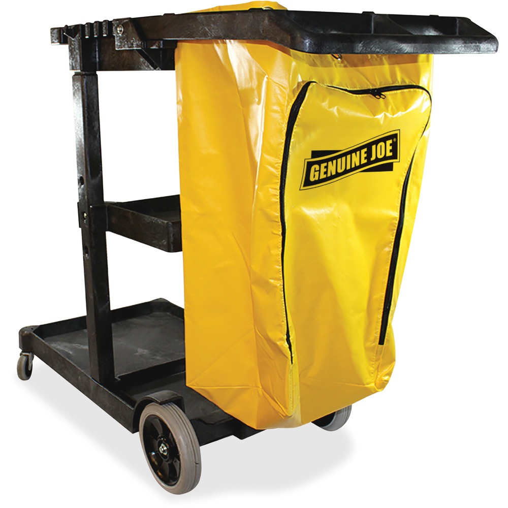 GJO02342 - An industry workhorse, this janitor's cart is made to organize tools and supplies essential to managing facilities. Oversized wheels and casters make it the choice for heavy-duty applications in healthcare, airports, convention centers, office buildings and more. Nonmarking front casters (2-1/2" dia) swivel for easier maneuverability. Oversized back wheels (8" dia) deliver the stability needed for managing heavy loads. Janitor's cart holds a total of 200 lb. It comes with a zippered vinyl bag with 25-gallon capacity for extra protection and dependability when collecting refuse. Use with Genuine Joe 60466 Bucket-Wringer combo for a more complete working unit.
