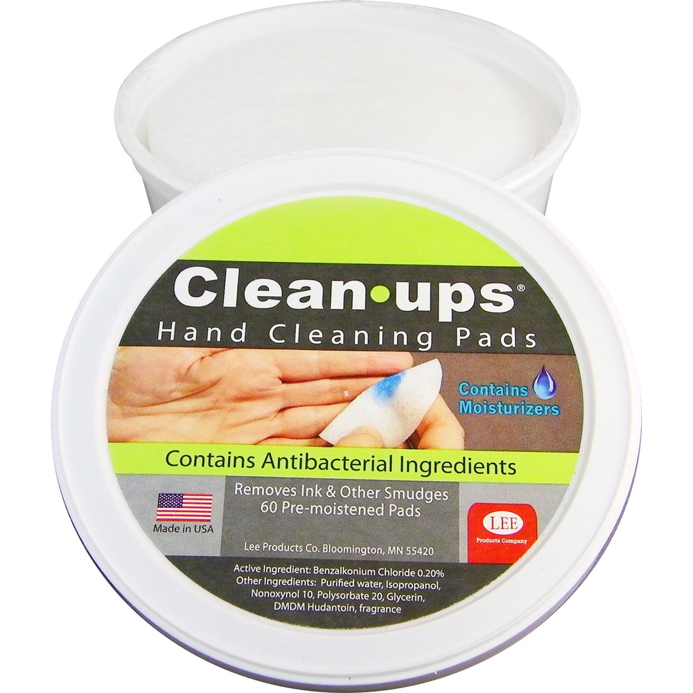 LEE10145 - Cleanups are specially formulated, hand-cleaning pads that quickly remove ink and copier toner from hands or hard surfaces without the use of water. Versatile, 3" diameter pads can also be used to clean desktops, machines, tools and other hard surfaces. The convenient size minimizes excess waste. Pre-moistened pads contain two moisturizers so they won't dry out skin and isopropyl alcohol so they also serve as an antibacterial hand cleaner. Resealable plastic container prevents pads from drying out.