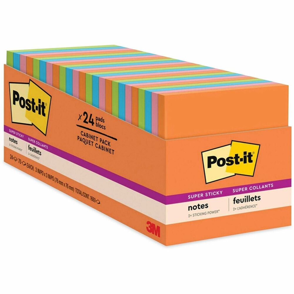MMM65424SSAUCP - Post-it Super Sticky Notes in a convenient cabinet pack keep notes neat and organized. With a unique adhesive so your notes will stick securely to more surfaces, now you can stick your notes where they'll really get noticed - like monitors, doors and walls. In a perfect size - 3" x 3" - for reminders or a short to-do list, Super Sticky Notes hold longer and stronger than original notes yet remove cleanly. The Rio de Janeiro Color Collection is expressive and dramatic with colors celebrating this Brazilian metropolis. All Super Sticky Post-it Notes are recyclable, and the paper in Post-it Notes is sourced from certified, renewable and responsibly managed forests. More from the Manufacturer