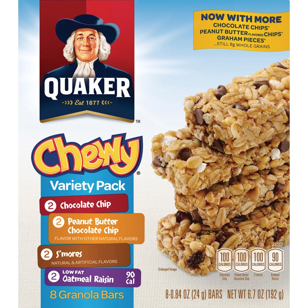 QKR31188 - Variety is the spice of life, and now you can choose from a variety of Quaker Chewy Granola Bars. Flavors include Chocolate Chip, Peanut Butter Chocolate Chip, S'mores and Oatmeal Raisin Chewy Granola Bars. 8 grams of whole grains in each bar deliver a tasty choice that helps keep you going. Individual wrapped bars are perfect for breakrooms, your desk or travel.