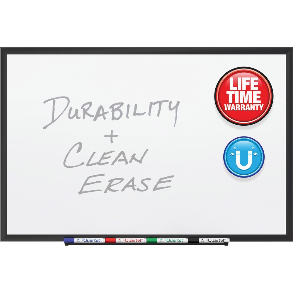 QRT2548B - Durable, porcelain board outlasts other whiteboards. Able to withstand heavy use and perform well with only minimal cleaning required, the ultra-smooth, magnetic, dry-erase surface will not ghost, stain, scratch or dent. Strong magnetic quality holds papers on board surface securely with magnets. This board is the ideal choice in a busy conference room or other shared work space that is home to frequent collaboration. When you need to work hard, a porcelain board is the only one that can keep up. The black finish on the aluminum frame matches most decor. Whiteboard also features a black, aluminum frame and comes with mounting hardware and four Quartet dry-erase markers with chisel tips. Attached marker tray provides convenient storage for accessories. More from the Manufacturer