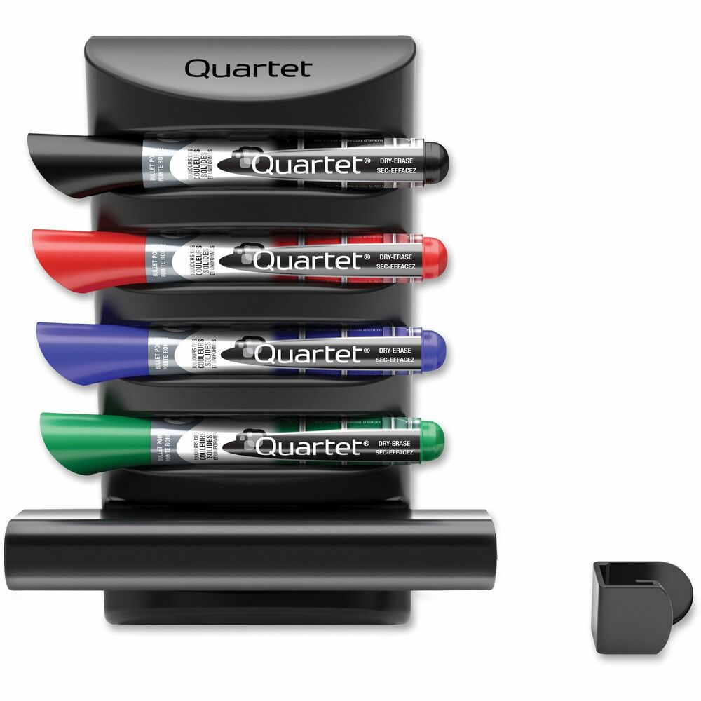 QRT85377 - Part of the Quartet Prestige 2 Connects accessory line, this convenient marker caddy keeps dry-erase markers and an eraser directly alongside your whiteboard. For a secure hold, use the included detachable hook to attach the caddy to the notches that are built into a Prestige 2 board frame (sold separately). Connect to either the right or left side of the board at any height for an integrated storage solution. The black caddy comes complete with four EnduraGlide dry-erase markers in assorted colors and one whiteboard eraser. Included EnduraGlide markers are top-performing, liquid ink markers that deliver bold color and dry-erase cleanly after each use. Regular use of the eraser helps prevent board surface from ghosting or staining. Caddy measures 6-1/2" wide x 3-1/2" deep x 8-1/4" high. Combine with other Prestige Connects Accessories for a fully functional, convenient and collaborative work space. More from the Manufacturer