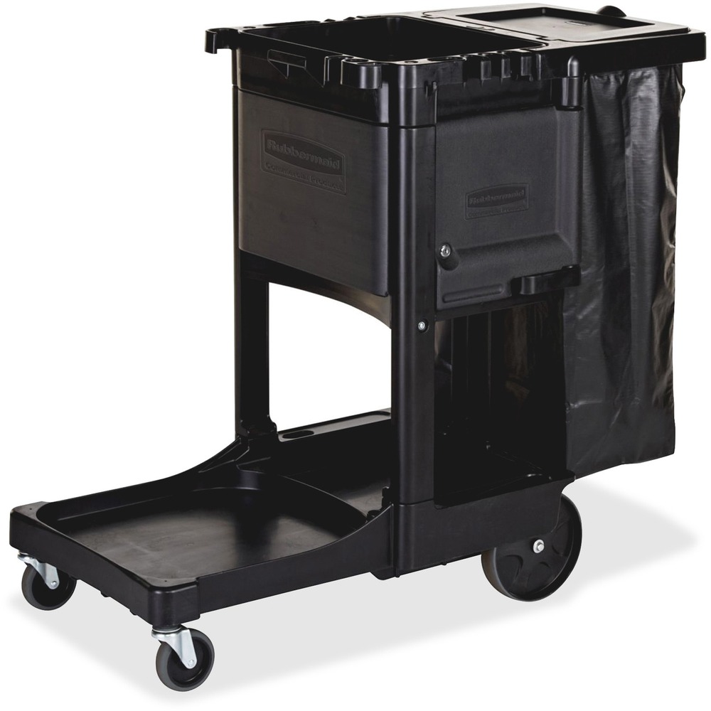 RCP1861430 - Janitor cart offers a smooth, easy-to-clean surface and innovative features to improve staff efficiency. As part of Rubbermaid's Executive Series Traditional Cleaning Carts, this cart is constructed for superior performance and long-lasting appearance. Thoughtful design makes it easy for staff to clean quietly and discreetly, day or night. 11 tool hooks make room for all your cleaning needs. Tool hooks hold stick goods such as brooms, mops, dustpans, dusters and safety signs. Front platform holds WaveBrake mop bucket or up to a 32-gallon Brute container (not included). Front-access zippered bag allows you to easily remove collected waste with no need to lift through the top. Cart is lightweight and maneuverable for a variety of cleaning solutions. Locking cabinet doors help keep cleaning supplies hidden and secure. Design also includes a zippered 25-gallon vinyl bag. Replacement vinyl bag is sold separately. Janitor cart rolls on nonmarking 8" rear wheels and 4" nonmarking casters.