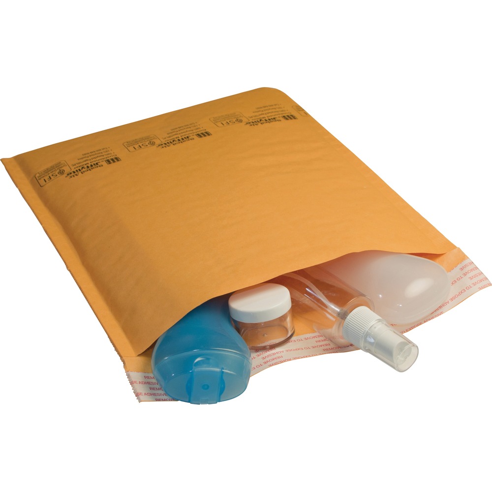 SEL55536 - Cushioned mailers protect contents and reduce expenses with a lightweight design for postage savings. Fully laminated bubble cushioning provides stiffness and puncture-resistance. Seamless bottom affords additional cushioning protection along with greater overall strength and safety. Fasten the Size 5 mailer with a self-seal closure for added convenience. Strong, outer Kraft material is ideal for custom printing and made with a high percentage of recycled material.