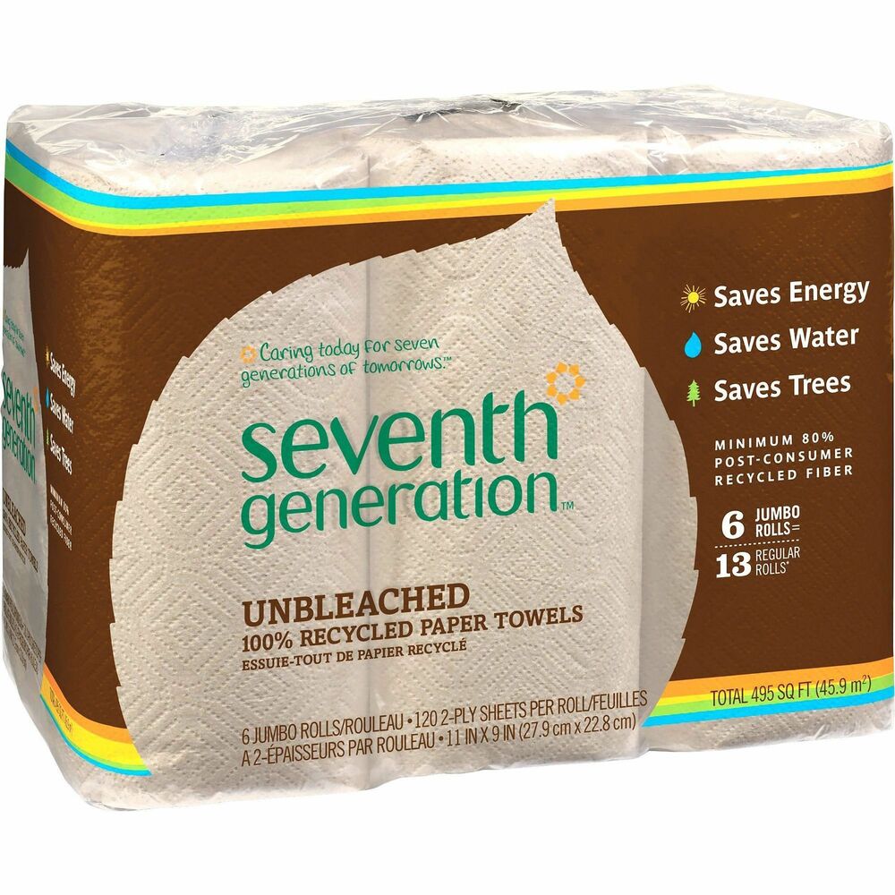 SEV13737 - Natural, unbleached paper towels absorb spills quickly, even when wet, and helps you lessen your impact on the planet. High percentage of recycled content helps reduce the need for virgin wood pulp, which means more trees are left standing. Natural unbleached design with no dyes, inks or fragrances saves more natural resources compared to virgin or whitened recycled products by eliminating the whitening process, which saves water and energy. Unbleached pulp paper is made with a chlorine-free process and high percentage of post-consumer recycled content, and its unique color visually cues care for the environment in a way white paper cannot. The two-ply paper towels come in rolls that fit standard household, kitchen roll dispensers. Each sheet measures 11" x 9".