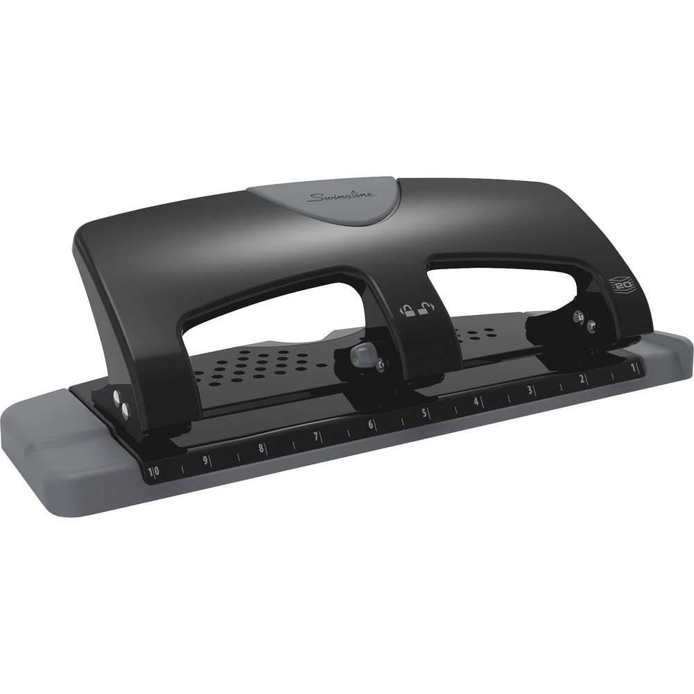 SWI74133 - Perfect for any office worker's desktop, this easy-to-use three-hole punch reduces the amount of effort it takes to punch a set of holes. The low-force punch design of the SmartTouch makes it 50 percent easier to punch three crisp, clean holes through as many as 20 sheets than with a standard paper punch. Hole pattern in punch base allows you to see when chip tray is full. Punch has a removable base and a back opening for quick paper-chip disposal. The resulting 9/32" holes from the fixed punch heads are perfectly spaced to easily insert sheets into a three-ring binder or presentation folder. Soft grip handle further increases comfort of manual hole punching. Handle locks into a closed position for compact storage. Durable, metal hole punch also features a built-in ruler and edge guide for better punch alignment.