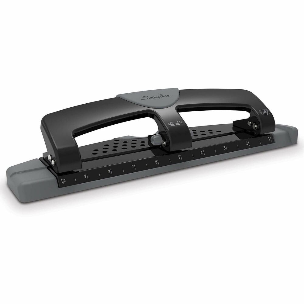 SWI74134 - Perfect for any office worker's desktop, this easy-to-use three-hole punch reduces the amount of effort it takes to punch holes. The low-force punch design of the SmartTouch makes it 40 percent easier to use than with a standard paper punch. Punch three crisp, clean holes through as many as 12 sheets. Hole pattern in punch base allows you to see when chip tray is full. Punch has a removable base and a back opening for quick paper-chip disposal. The resulting 9/32" holes from the fixed punch heads are perfectly spaced to easily insert sheets into a three-ring binder or presentation folder. Soft grip handle further increases comfort of the manual hole punching. Handle locks into a closed position for compact storage. Durable, metal hole punch also features a built-in ruler and edge guide for better punch alignment.