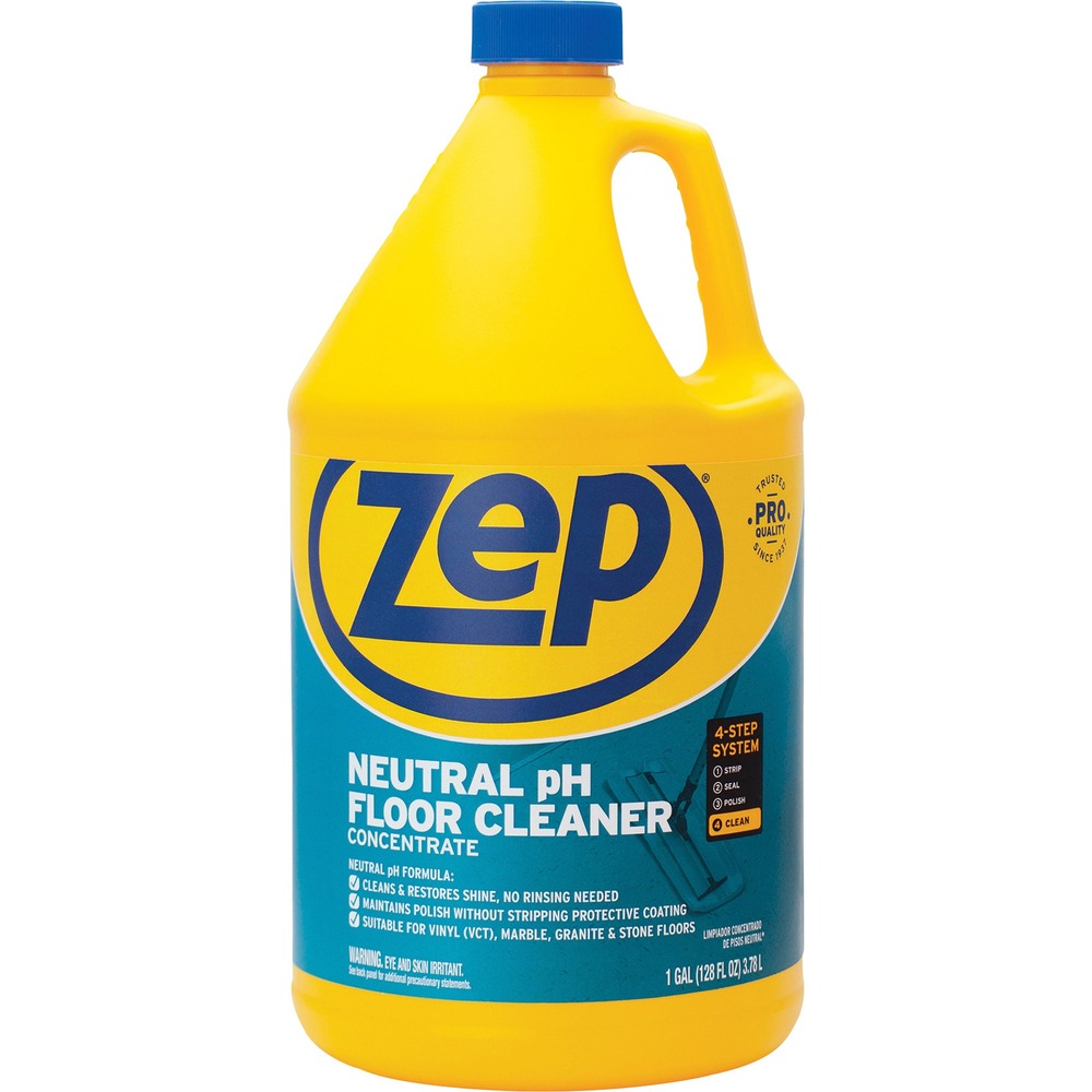 ZPEZUNEUT128 - Neutral Floor Cleaner Concentrate cleans and restores the shine to hard surface floors. It uses a neutral pH, low-foam and easy-to-rinse formula that works quickly. It works on natural stone, granite, vinyl and marble floors in commercial and residential spaces. This product is step 4 of the Zep Floor Care 4-Step Program. It makes up to 128 gallons of cleaner.