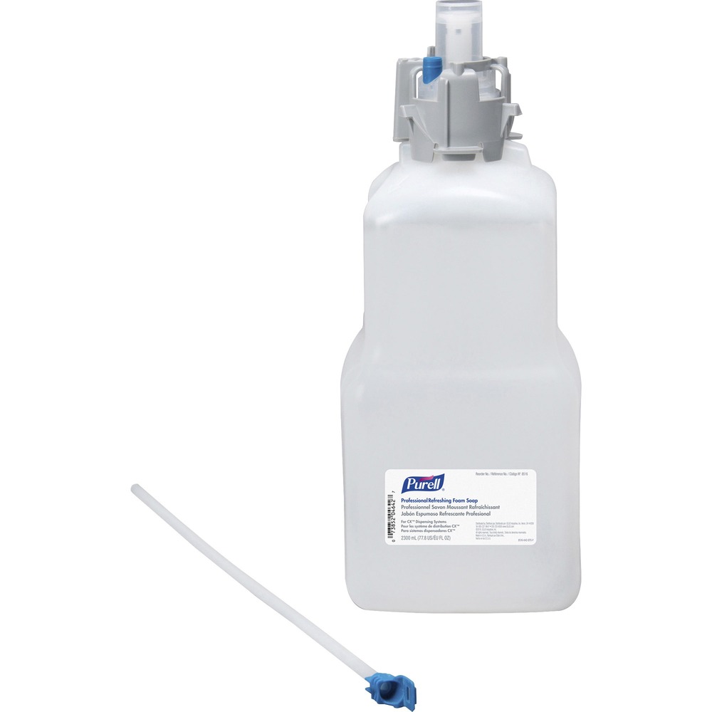 GOJ851604 - Spa-inspired, green-certified foam hand soap offers luxurious lather, a pleasant pomegranate fragrance and appealing blue color. Enriched with moisturizer, natural extract and skin conditioner is an EcoLogo certified, USDA certified, bio-based formulation. Hand soap delights users while supporting a healthy environment. GOJO Sanitary Sealed refill helps lock out germs. Fresh dispensing valve comes with each 2300 ml. refill for the GOJO CXi, CXac and CXT Touch-free Dispensers. Refill snaps in place with an audible click. Latch release makes refill easy to unload.