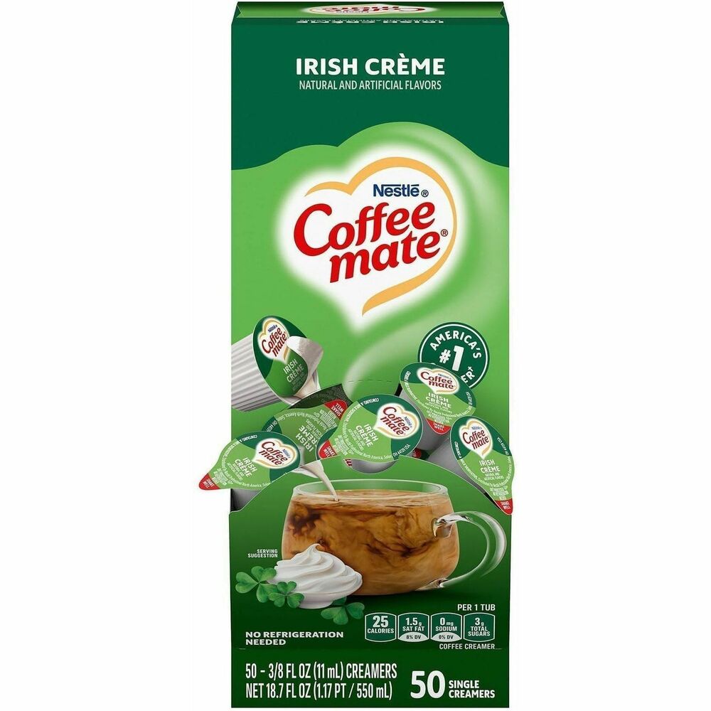 NES35112 - Delight your employees, customers and guests by offering Coffee mate liquid creamer in your workplace, breakroom or kitchen. Inspired by traditional Irish Coffee flavors, Irish Creme creamer delivers smooth and buttery creamer with flavors that will enhance and enrich your coffee offering with a touch of differentiation. It is the perfect solution for a delicious and convenient option to customize your favorite beverage. Single-serve cups in a convenient dispenser keep your counter clean and organized. With this popular creamer in the office, everyone can enjoy coffeehouse indulgence without ever leaving the building. No refrigeration is necessary. These creamer singles can retain their irresistible flavor at room temperature for up to 9 months. Nondairy creamer is Kosher Dairy, lactose-free, cholesterol-free and gluten-free.