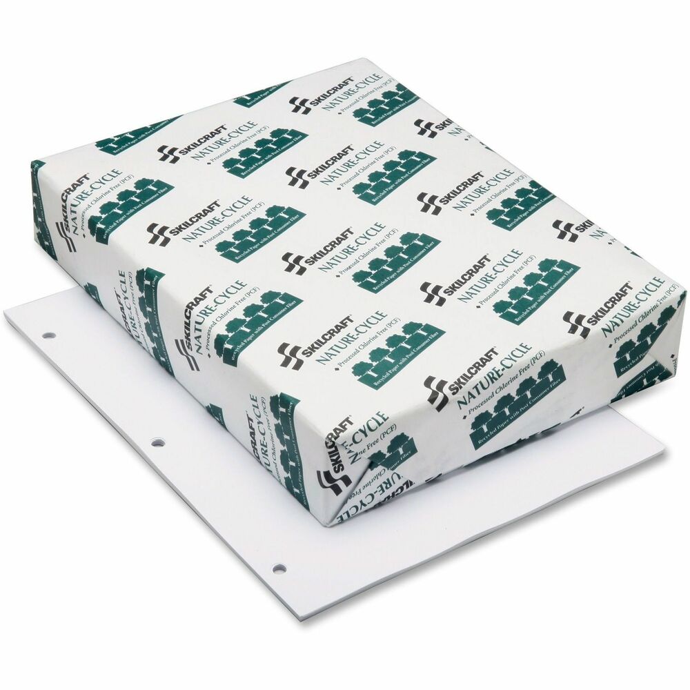 NSN0338891 - Multipurpose paper is designed for use in high-speed photocopiers, laser printers, plain-paper fax or impact-type computer printers. Each sheet is three-hole punched to fit easily inside standard-size binders. Alkaline, acid-free, archival-quality paper is less brittle and will not yellow or deteriorate over time. Paper is made using 50 percent recycled and 30 percent post-consumer material and meets Executive Orders 13514 and 13423.   