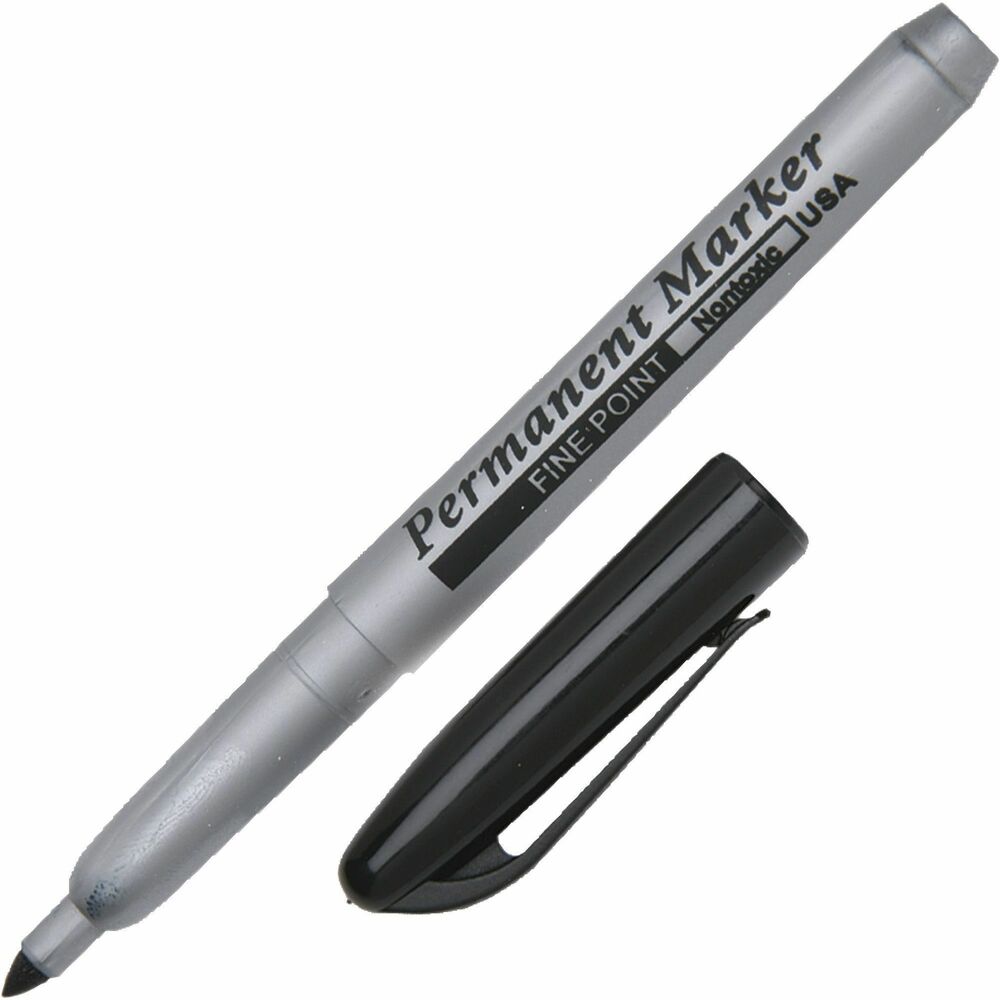 NSN0433408 - Fine-point permanent marker is designed for writing, drawing, lettering and sketching on most hard-to-mark surfaces. Tip stays firm and sharp. Barrel is gray with molded plastic pocket clip. Cap matches the ink color. Quick-drying, high-intensity ink is waterproof, smear-proof and fade-resistant.   