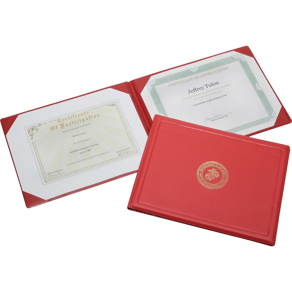 NSN0561927 - Honor worthy recipients with an elegant reward. Presentation binder for award certificates displays military-specific seal embossed on the center front cover. Inside corner pockets and transparent protective sheets hold two certificates on the inside front and back cover.   