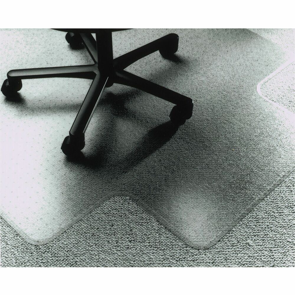 NSN1516518 - Chairmat protects floors and carpets from wheel damage. Transparent color allows the carpeting to show through. The textured surface is scuff-resistant. The stud design grips carpet, but won't harm carpet. Corners are rounded. Mat is made of polyvinyl chloride (PVC). Mat is designed for use over low to medium-pile carpet. Thickness is 0.145".
