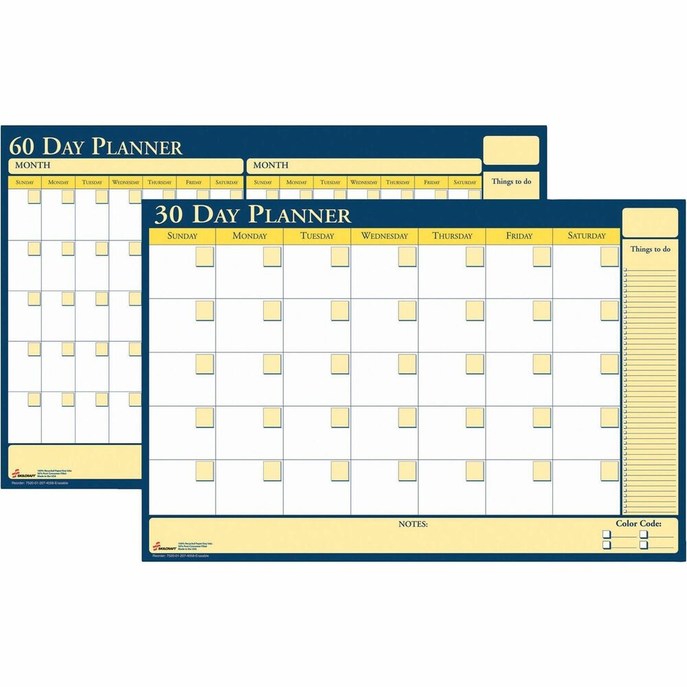NSN2074058 - Erasable, 30/60-day planner offers flexible planning on both sides. One side has a 30-day undated calendar and the other side has a 60-day undated calendar. The 30-day calendar features unruled daily blocks from Sunday to Saturday. Fill in the date on colored boxes and then write your deadlines and reminders on the white background. To the right of the calendar, the planner has a vertical, ruled area for things to do. The bottom area is unruled for notes and has a color-coding key to customize with four colors. The 60-day side has the same format with thinner daily boxes for both months and a space to write in each month on top of the calendar. Planner is made with 50 percent post-consumer recycled paper and printed with soy-based ink. Shipping tube is made using 70 percent post-consumer material. Planner includes one black, dry-erase marker.