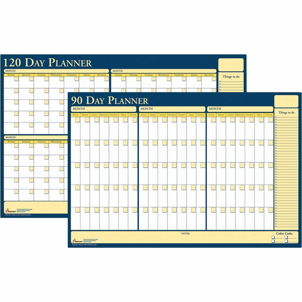 NSN2074059 - Erasable, 90/120-day planner offers flexible planning on both sides. One side has a 90-day undated calendar, and the other side has a 120-day undated calendar. Both calendars feature unruled daily blocks from Sunday to Saturday. Fill in the date on colored boxes and then write your deadlines and reminders on the white background. Each month has a place on the top to write the name of the month. To the right of the calendar, the planner has a vertical ruled area for things to do. The bottom area is unruled for notes and has a color-coding key to customize with four colors. Planner is made with 50 percent post-consumer recycled paper and printed with soy-based ink. Shipping tube is made using 70 percent post-consumer material. Planner includes one black marker.