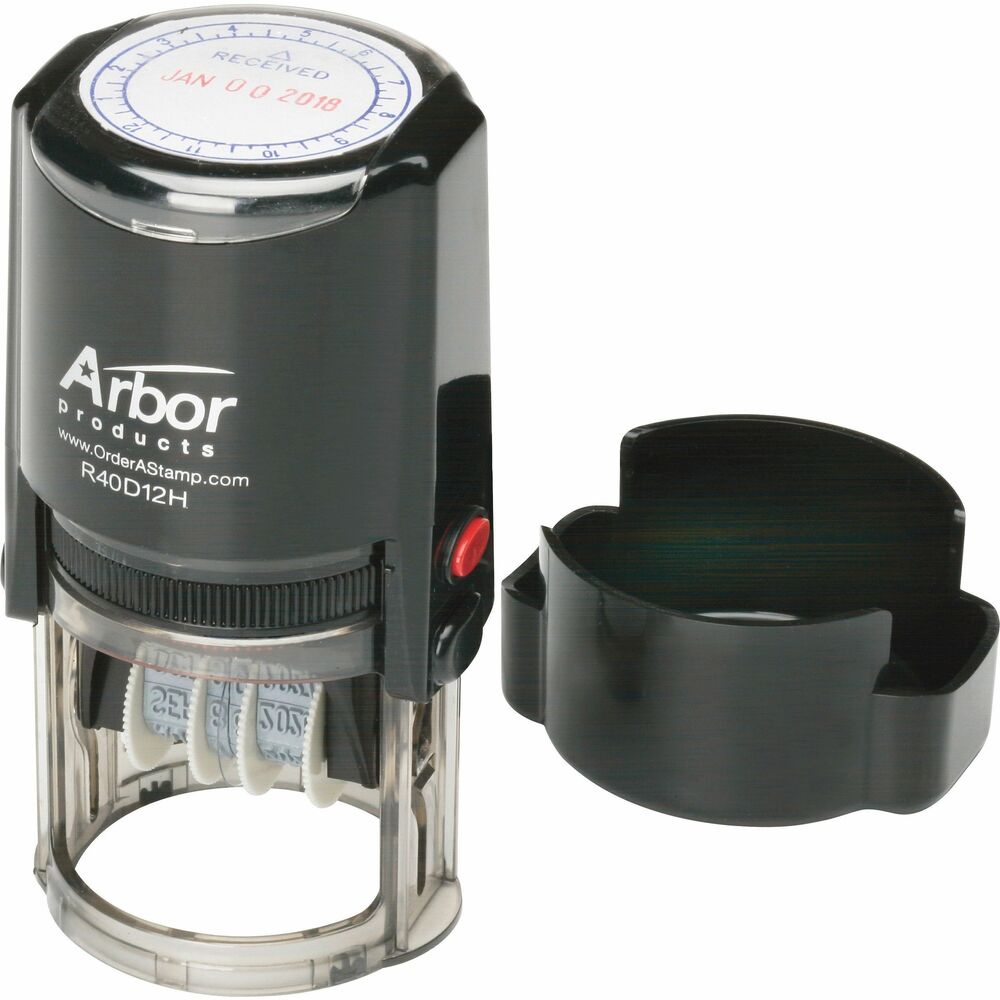 NSN2074188 - Self-inking stamp imprints the time and date with the word, RECEIVED, in all caps. Rotary design offers 12 hours of markings. Turn the dial to point the time of day (AM or PM) that prints in blue. Four-band dater prints the month, day and year in red. Impression height is 3/16". One inking makes 50,000 impressions. Time/date stamp includes a red and blue ink pad that can be re-inked or replaced.   