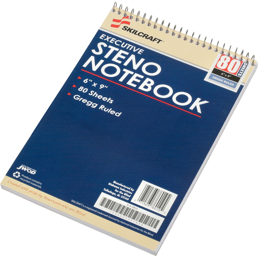 NSN2237939 - Steno notebooks offer the Gregg-method design, and each contains 80 sheets of 15 lb. paper that is elemental chlorine-free (ECF). Each sheet features vertical lines 11/32" apart with one vertical line down the center. Each spiral-bound notebook also has a durable cover. Notebooks meet CPG guidelines and Executive Orders 13514 and 13423.   