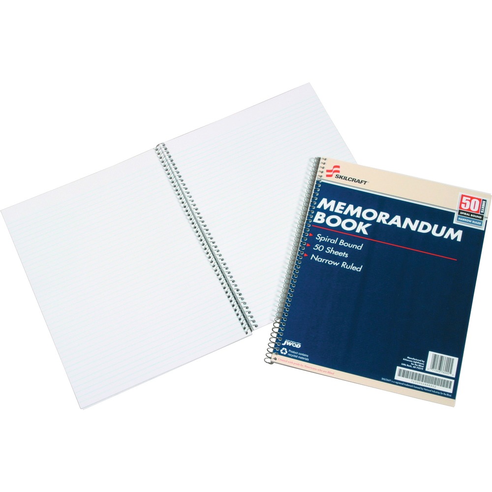 NSN2866952 - Spiral-bound memorandum book contains 50 sheets of white, 15 lb. basis weight paper. Each sheet offers narrow ruling 1/4" apart on both sides. Design also features a Pressboard back. Elemental chlorine-free (ECF) paper is made using 37 percent post-consumer material and 38 percent total recycled material measured by total weight and meets Executive Orders 13514 and 13423.   