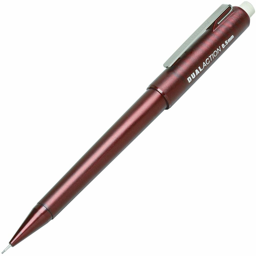 NSN3176428 - Dual-Action Mechanical Pencils feature shock-absorbing, cushion-point mechanism. The polymer-based, No. 2 lead reduces lead breakage and lead residue. Twist top raises and lowers the extra-large (1-1/4") vinyl eraser. Convenient push-action advances lead. The sliding sleeve retracts to prolong write-out and protect your pocket.   