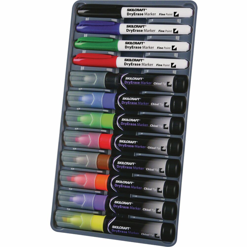 NSN3656126 - Get everything you need for an organized presentation with this dry-erase system. Designed to be used with a whiteboard, the system contains four low-odor, fine-point markers; eight low-odor, chisel tip markers; an eraser; 8 oz. bottle of board cleaner. It comes in reclosable packaging that can be used for storage. Made of sturdy polyester, the marker tips include fine tips in black, blue, red and green; and chisel tips in black, blue, red, green, yellow, orange, brown and purple. Markers erase easily with included eraser with no ghosting or shadowing once the writing has been erased. Chisel tip markers feature a cap design that assures comfortable removal and exceeds international standards for child safety. The cap can be secured on the end of the barrel during use. Durable polyester chisel tip allows broad or thin lines. BPA-free markers are ASTM certified nontoxic.