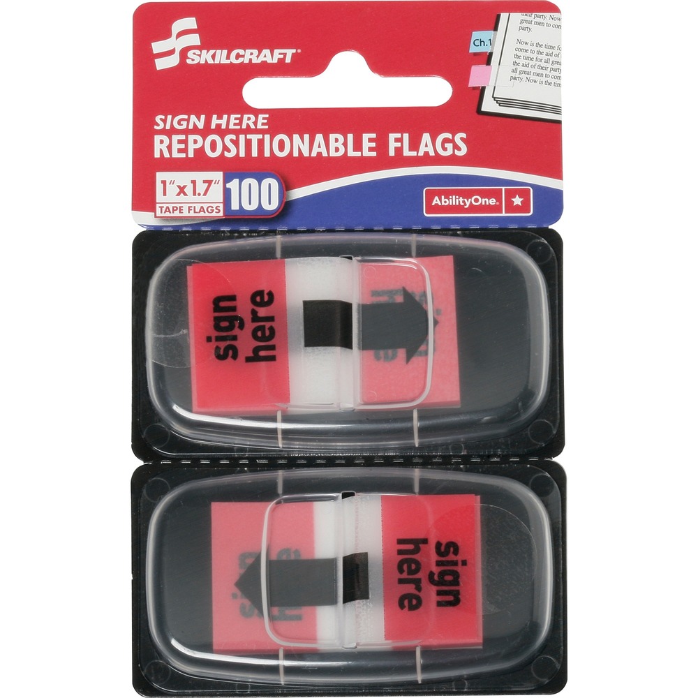 NSN3892262 - Colorful, self-stick flags mark where you need to sign important documents. Red portion reads, "sign here," while the clear side of flag features a bold arrow to point exactly where a signature is needed. Made with quality 3M materials, flags are removable, repositionable and reusable. 1" x 1-3/4" rectangular flags are dispensed one at a time with the included dispenser. Each dispenser contains 100 flags. SKILCRAFT Self-Stick products are produced by Americans who are blind. Purchasing this AbilityOne mandatory source product ensures your compliance with federal procurement regulations. 