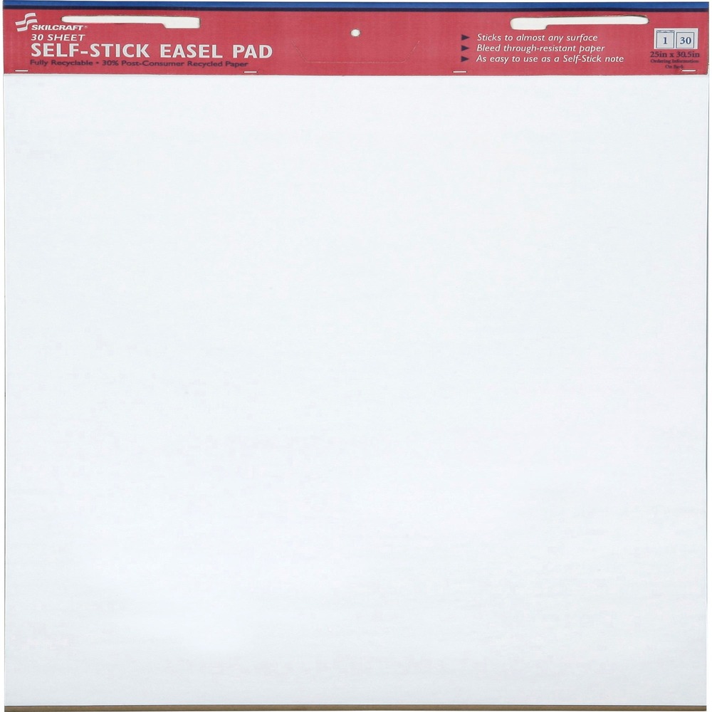 NSN3930104 - Simplify taking notes at your next meeting with these self-stick, removable easel pads. Each sheet has self-stick adhesive on the back. Simply tear the sheet from the easel and stick it to virtually any surface without using tape or tacks. Sheets are as easy to use as a self-stick note. Repositionable adhesive on the back of each sheet allows you to move the sheets around the room or take them with you back to the office. Each lightweight easel pad has a convenient carrying handle and universal slots that fit every easel stand. Each pad contains 30 sheets of 18.5 lb. basis weight paper. Easel pads are fully recyclable and meet Executive Orders 13514 and 13423. All SKILCRAFT Self-Stick products are produced by Americans who are blind. Purchasing this AbilityOne mandatory source product ensures your compliance with federal procurement regulations.   