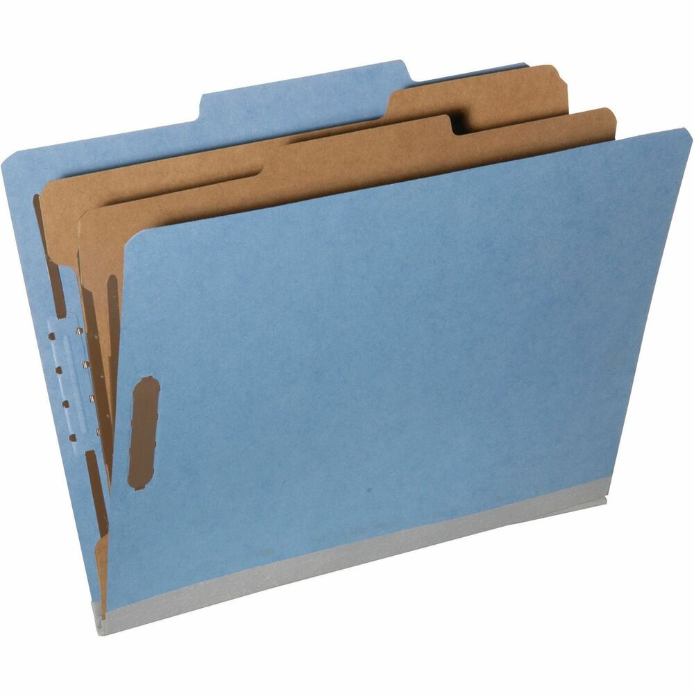 NSN4181314 - Each classification folder features two dividers for six-part filing. Durable, Tyvek-reinforced pleat expands up to 2". 2" capacity metal prong fasteners are located on the inside of the front and back covers. Each 17 point, Kraft divider offers a 1" prong fastener on both sides for more filing surfaces for letter-size documents. Folders and dividers have 2/5-cut tabs. Pressboard folder is made using 30 percent recycled material.